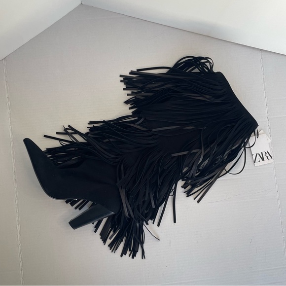 Zara Black Fringe Heeled Knee High Suede Boots Western Maximalism CoastalCowgirl - Picture 3 of 16